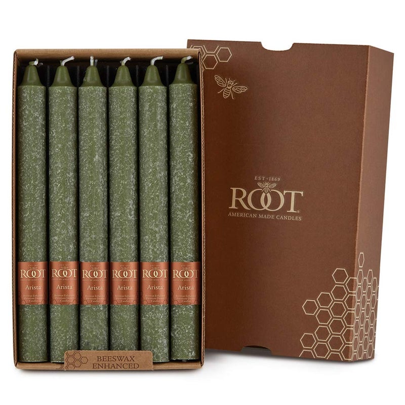 Root Candles 12Count Unscented Dinner Candles Dripless Beeswax Enhanced Timberline Arista Boxed Candle Set 9Inch Dark Olive