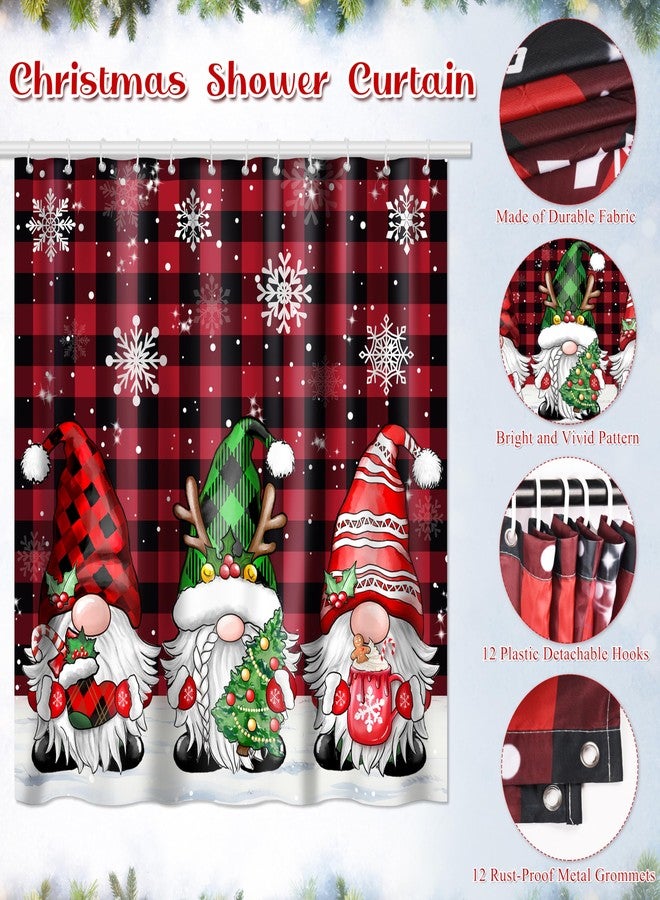 Fayoo Gnome Christmas Shower Curtain Set 4Pcs Christmas Bathroom Sets with Shower Curtain Non-Slip Rugs Toilet Lid Cover Bath Mat Buffalo Plaid Shower with 12 Hooks for Bathroom Decor - Image 3
