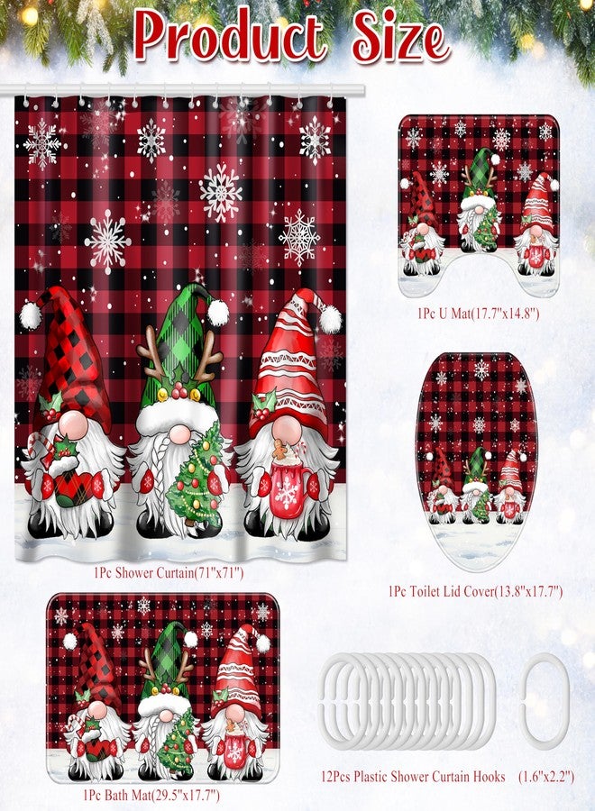 Fayoo Gnome Christmas Shower Curtain Set 4Pcs Christmas Bathroom Sets with Shower Curtain Non-Slip Rugs Toilet Lid Cover Bath Mat Buffalo Plaid Shower with 12 Hooks for Bathroom Decor - Image 2