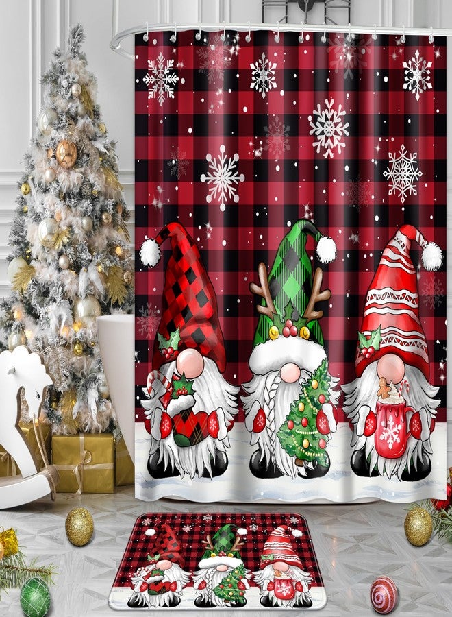 Fayoo Gnome Christmas Shower Curtain Set 4Pcs Christmas Bathroom Sets with Shower Curtain Non-Slip Rugs Toilet Lid Cover Bath Mat Buffalo Plaid Shower with 12 Hooks for Bathroom Decor - Image 5