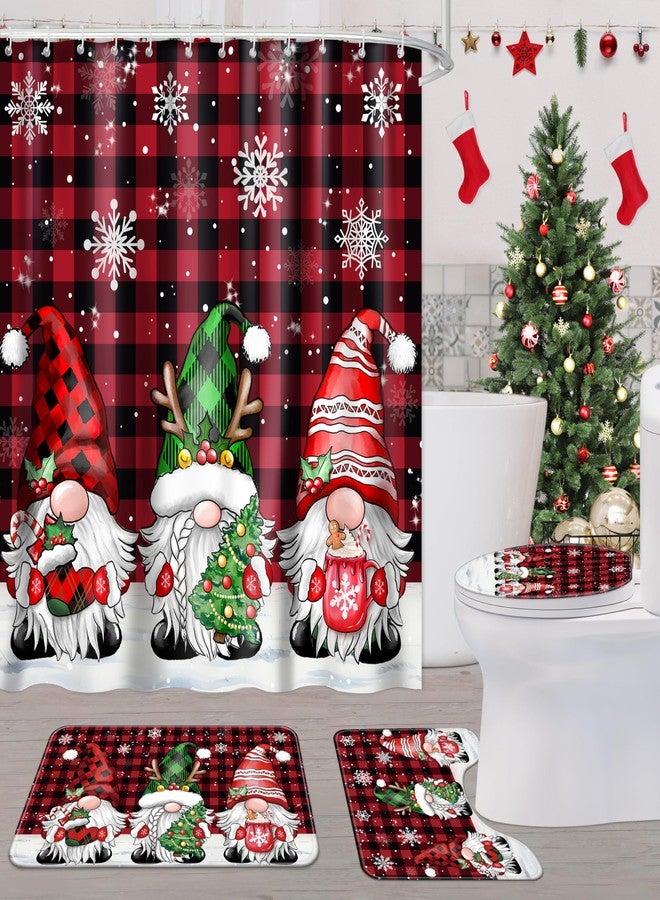 Fayoo Gnome Christmas Shower Curtain Set 4Pcs Christmas Bathroom Sets with Shower Curtain Non-Slip Rugs Toilet Lid Cover Bath Mat Buffalo Plaid Shower with 12 Hooks for Bathroom Decor - Image 1