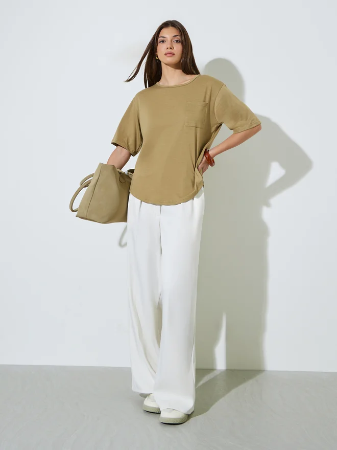 Styli Styli Brown Relaxed Fit Round Neck T-Shirt