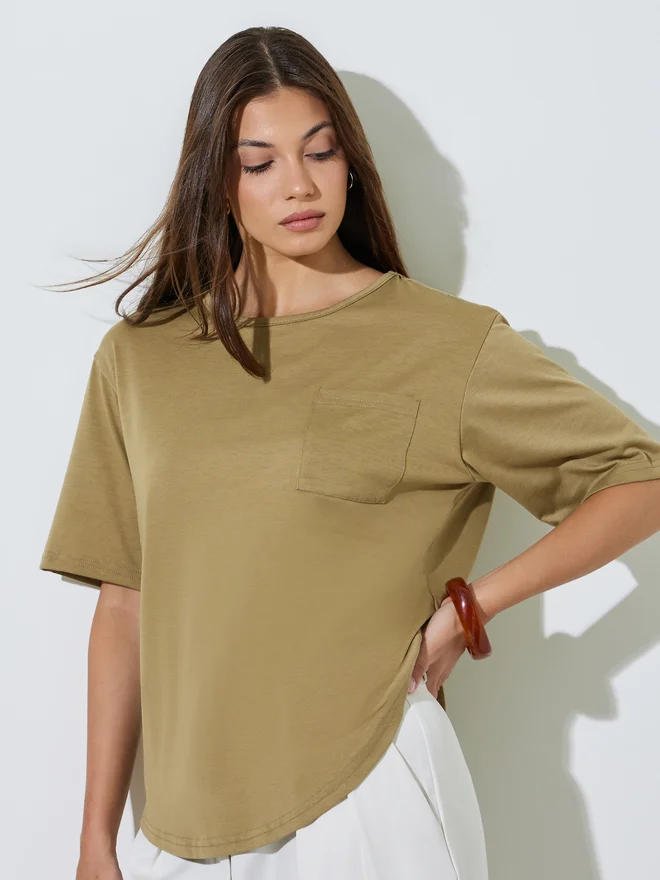 Styli Styli Brown Relaxed Fit Round Neck T-Shirt
