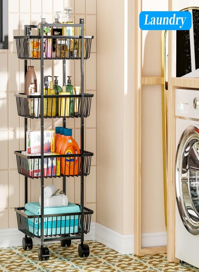 Simple Trending 4 Tier Rolling Fruit Vegetable Basket Cart, Metal Wire Kitchen Storage Organizer on Wheels for Bread Onion Potatoes, Black - Image 4