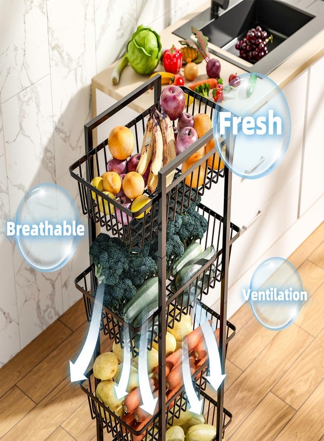 Simple Trending 4 Tier Rolling Fruit Vegetable Basket Cart, Metal Wire Kitchen Storage Organizer on Wheels for Bread Onion Potatoes, Black - Image 2