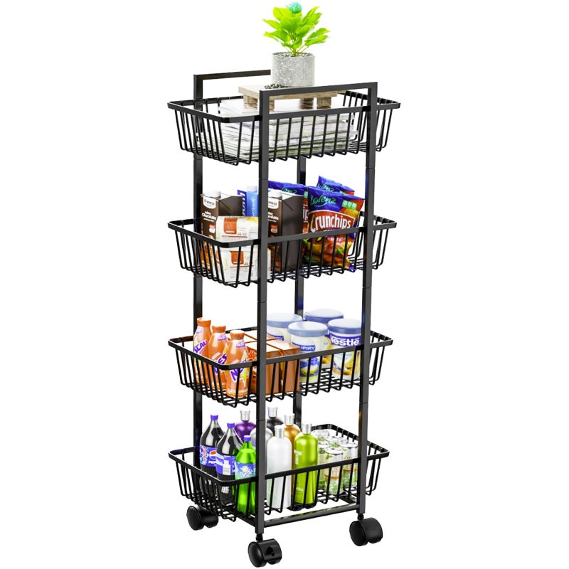 Simple Trending 4 Tier Rolling Fruit Vegetable Basket Cart, Metal Wire Kitchen Storage Organizer on Wheels for Bread Onion Potatoes, Black - Image 1
