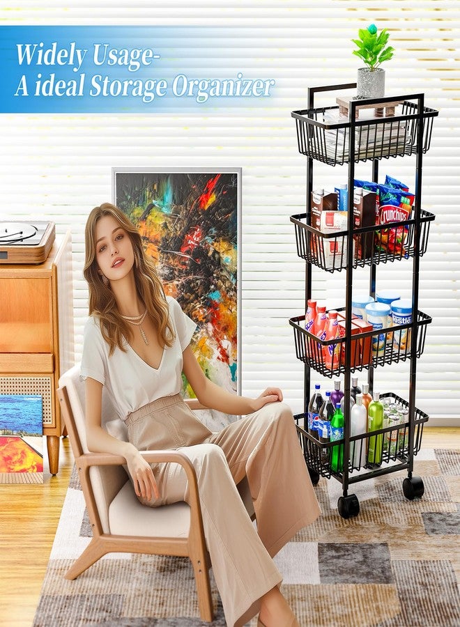 Simple Trending 4 Tier Rolling Fruit Vegetable Basket Cart, Metal Wire Kitchen Storage Organizer on Wheels for Bread Onion Potatoes, Black - Image 3