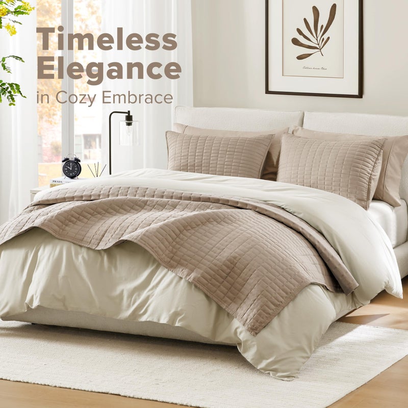 Comfort Spaces Kienna Quilt Set- Double Sided Stitching Design Summer Blanket, Lightweight, Soft, All Season Bedding Layer, Matching Sham, Taupe, Coverlet King (104"x90") 3 Piece - Image 2