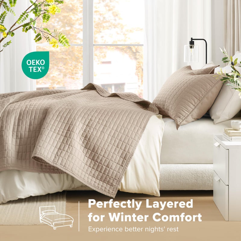 Comfort Spaces Kienna Quilt Set- Double Sided Stitching Design Summer Blanket, Lightweight, Soft, All Season Bedding Layer, Matching Sham, Taupe, Coverlet King (104"x90") 3 Piece - Image 3