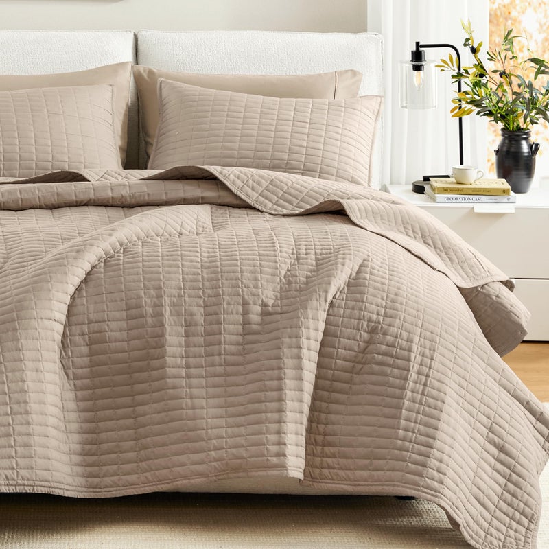 Comfort Spaces Kienna Quilt Set- Double Sided Stitching Design Summer Blanket, Lightweight, Soft, All Season Bedding Layer, Matching Sham, Taupe, Coverlet King (104"x90") 3 Piece - Image 1