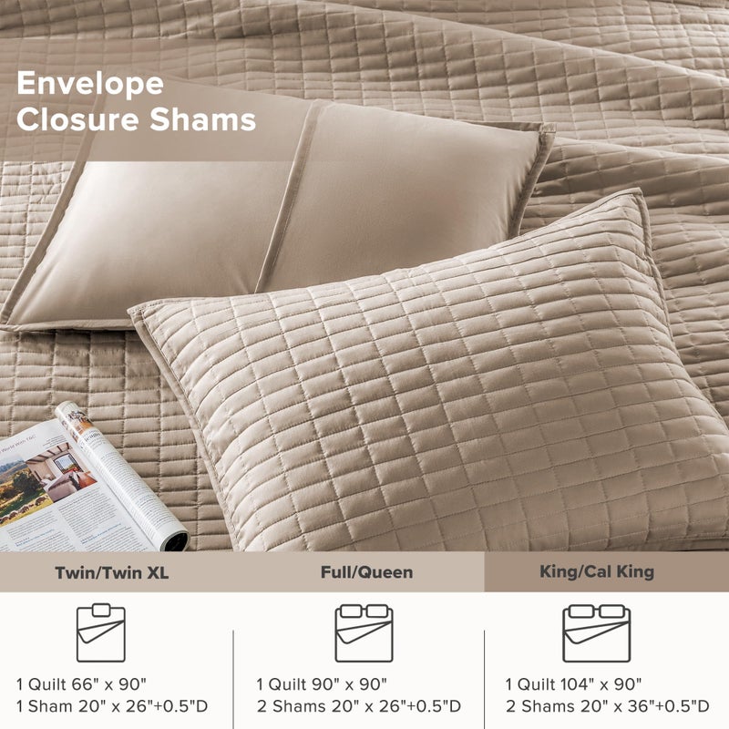 Comfort Spaces Kienna Quilt Set- Double Sided Stitching Design Summer Blanket, Lightweight, Soft, All Season Bedding Layer, Matching Sham, Taupe, Coverlet King (104"x90") 3 Piece - Image 5