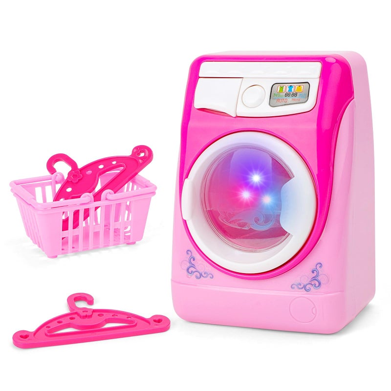 deAO Washing Machine Toy for Kids Dollhouse Furniture Pretend Play Household Appliance Laundry Play Set with Rotatable Roller for Boys Girls - Image 3