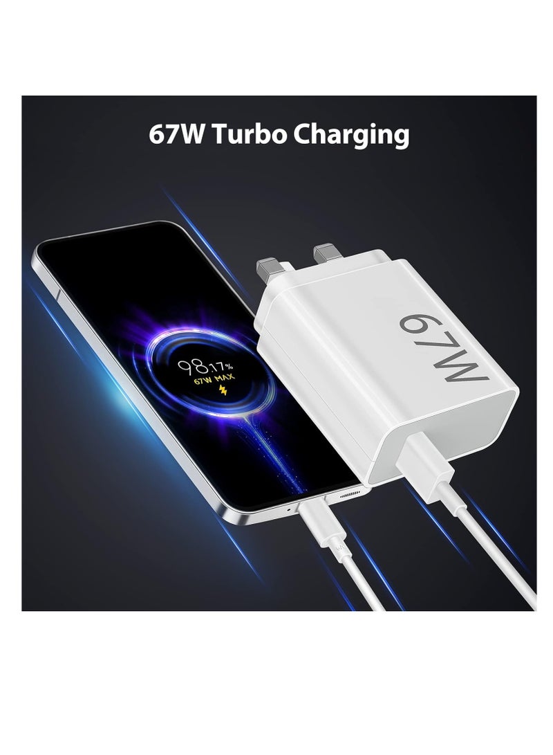 شاحن سريع 67 واط USB C لهواتف شاومي، كابل شحن USB C بطول 1 متر، شاحن بمقبس USB محول طاقة بريطاني لهواتف Redmi Note 14/13/12/11/10 Pro/Mi 14T/13T/12X/11T/POCO X7/X6/X5/X4 - Image 1