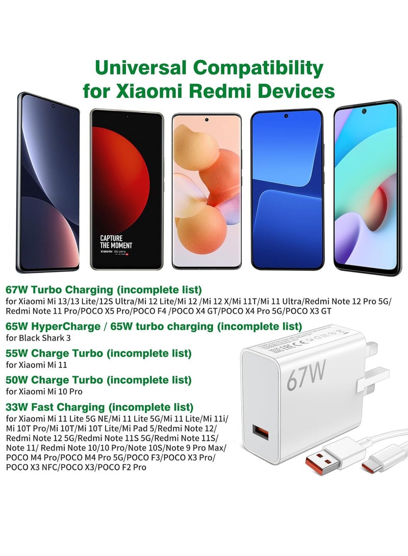شاحن سريع 67 واط USB C لهواتف شاومي، كابل شحن USB C بطول 1 متر، شاحن بمقبس USB محول طاقة بريطاني لهواتف Redmi Note 14/13/12/11/10 Pro/Mi 14T/13T/12X/11T/POCO X7/X6/X5/X4 - Image 5