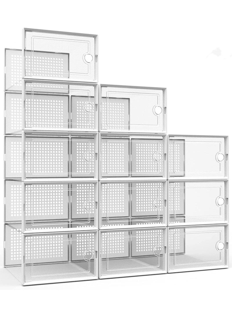 AUTOYSUR صناديق تخزين كبيرة لتنظيم الأحذية للخزانة، حاويات بلاستيكية شفافة قابلة للتكديس مع أغطية، بديل رائع لرف الأحذية، توفير المساحة للمدخل، أبيض، عبوة من 12 قطعة - Image 1