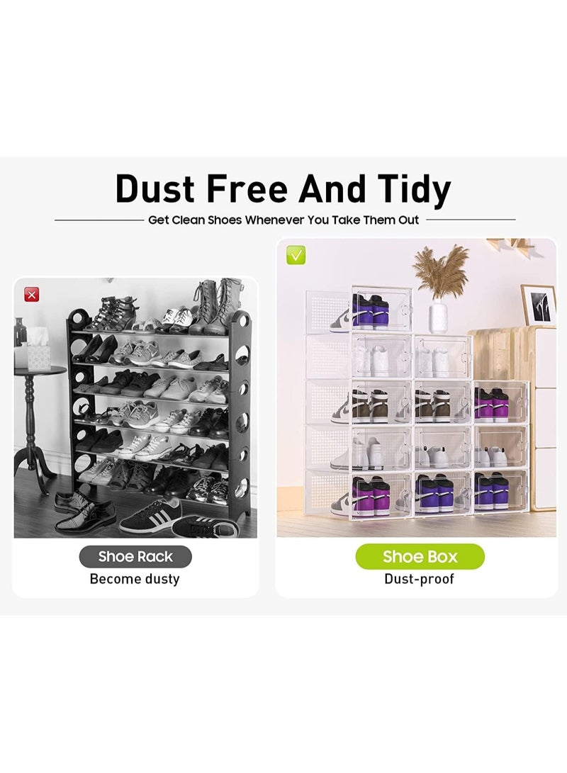 AUTOYSUR صناديق تخزين كبيرة لتنظيم الأحذية للخزانة، حاويات بلاستيكية شفافة قابلة للتكديس مع أغطية، بديل رائع لرف الأحذية، توفير المساحة للمدخل، أبيض، عبوة من 12 قطعة - Image 3