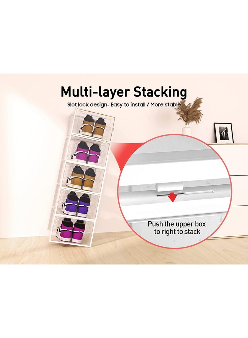 AUTOYSUR صناديق تخزين كبيرة لتنظيم الأحذية للخزانة، حاويات بلاستيكية شفافة قابلة للتكديس مع أغطية، بديل رائع لرف الأحذية، توفير المساحة للمدخل، أبيض، عبوة من 12 قطعة - Image 4