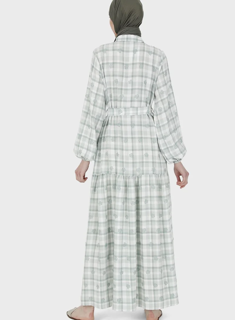 Benin by modanisa Checked Button Detail Tiered Dress