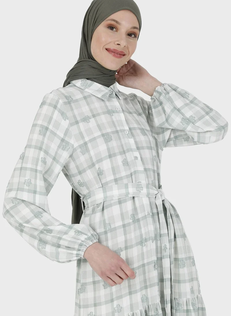 Benin by modanisa Checked Button Detail Tiered Dress