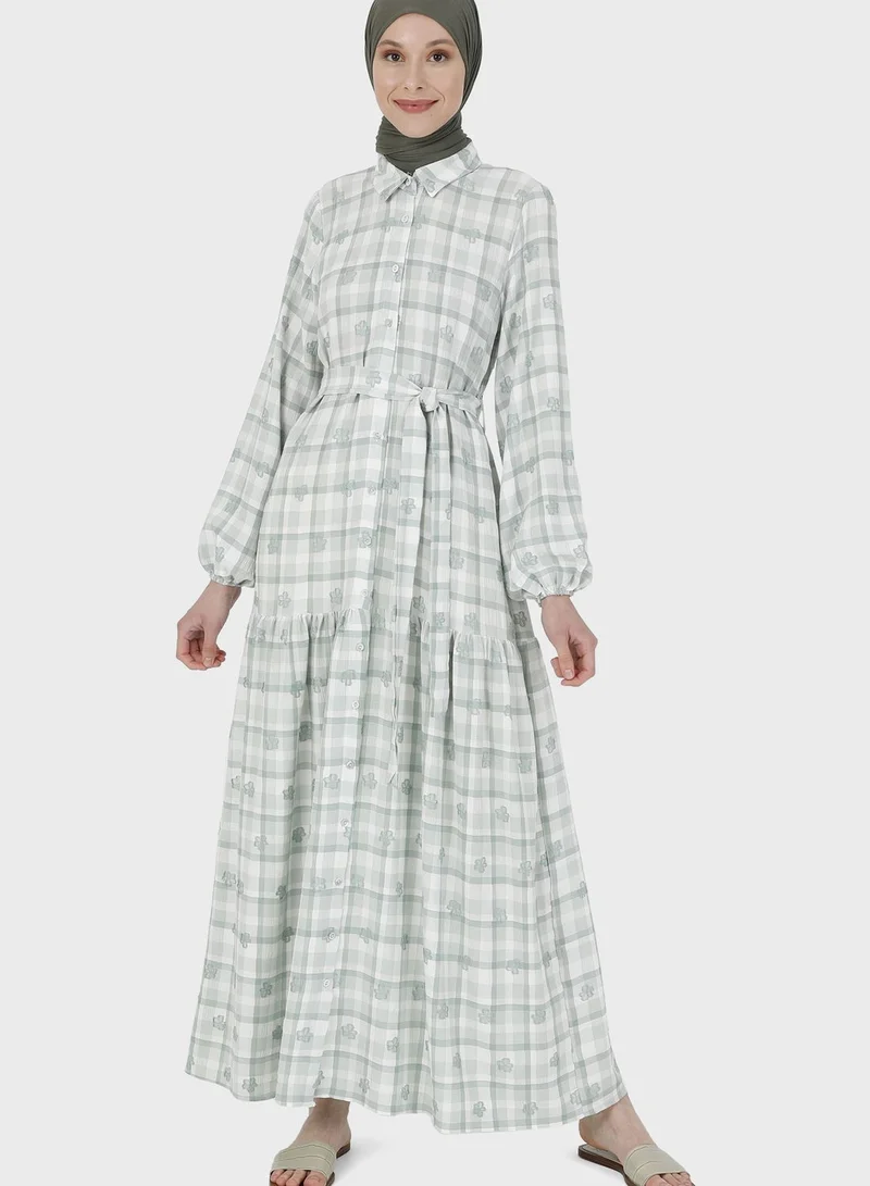 Benin by modanisa Checked Button Detail Tiered Dress