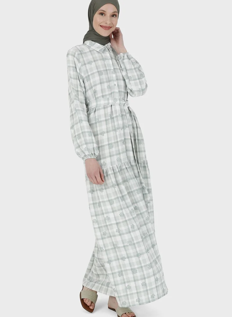 Benin by modanisa Checked Button Detail Tiered Dress