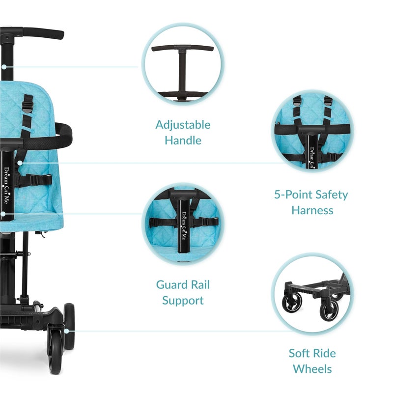 Dream On Me Coast Rider Travel Stroller, Lightweight & Compact Baby Stroller, Theme Park Approved, Book-Folding Design, Adjustable Handle, Soft-Ride Wheels, Converts to Rider & Scooter - Sky Blue - Image 4