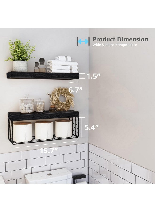 QEEIG Bathroom Shelves Over Toilet - Wall Mounted Floating Shelves Toilet Paper Storage Small Farmhouse Decor Shelf 16 inch Set of 2, Black (019-B2) - Image 2