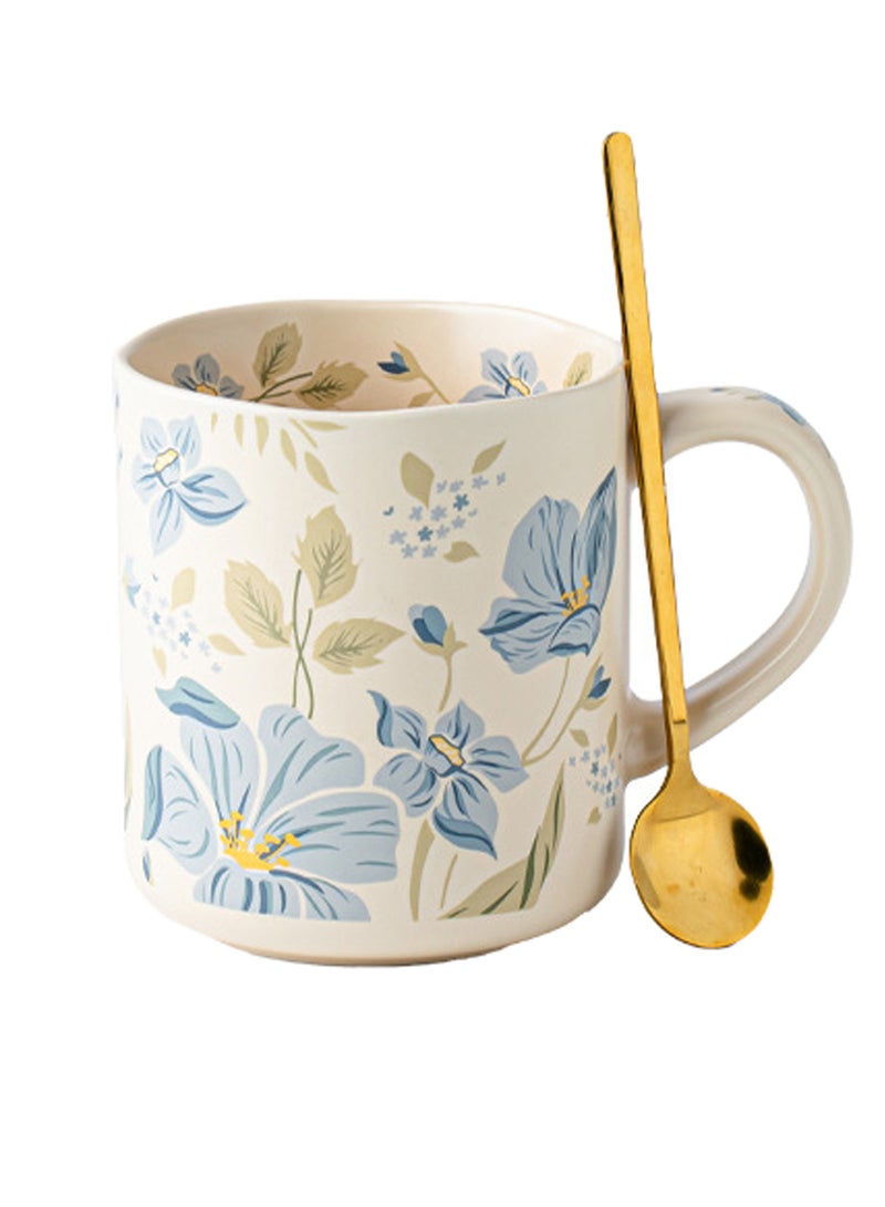 كوب سيراميك بسعة 500 مل بنقشة زهور الزفيرانتس مع ملعقة - آمن للاستخدام في غسالة الأطباق والميكروويف ومعقم الأواني، مناسب للمشروبات الساخنة والباردة. - Image 1