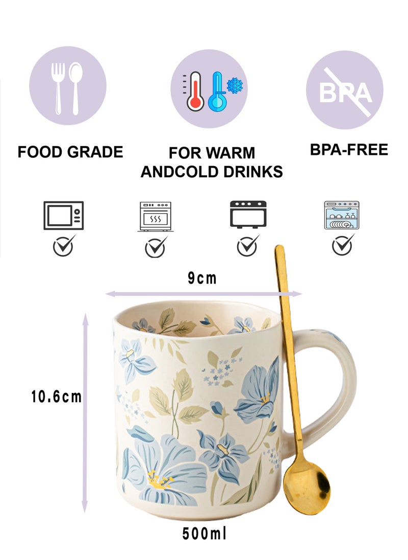 كوب سيراميك بسعة 500 مل بنقشة زهور الزفيرانتس مع ملعقة - آمن للاستخدام في غسالة الأطباق والميكروويف ومعقم الأواني، مناسب للمشروبات الساخنة والباردة. - Image 2