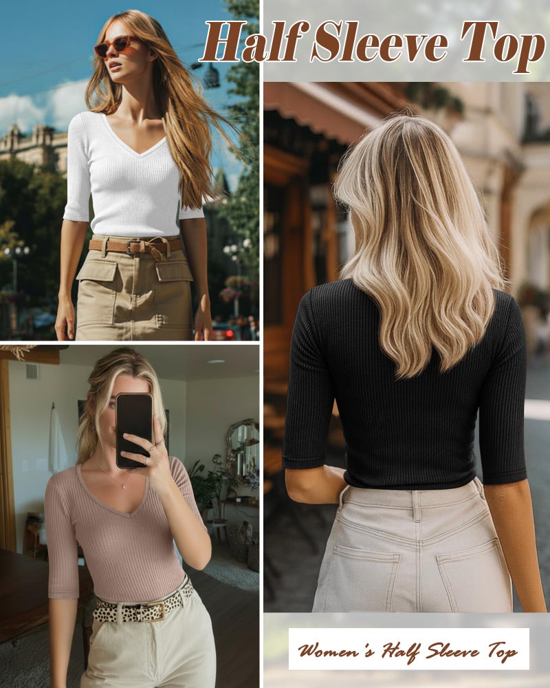 Riyiper 3 Pack Women's Half Sleeve Top Elbow Length Ribbed Cotton T Shirt Women V Neck Summer Tee Slim Fit Casual Blouses(Black, White, Khaki,M) - Image 4