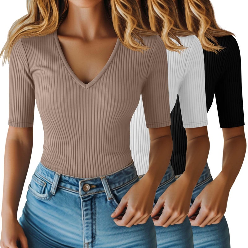 Riyiper 3 Pack Women's Half Sleeve Top Elbow Length Ribbed Cotton T Shirt Women V Neck Summer Tee Slim Fit Casual Blouses(Black, White, Khaki,M) - Image 1