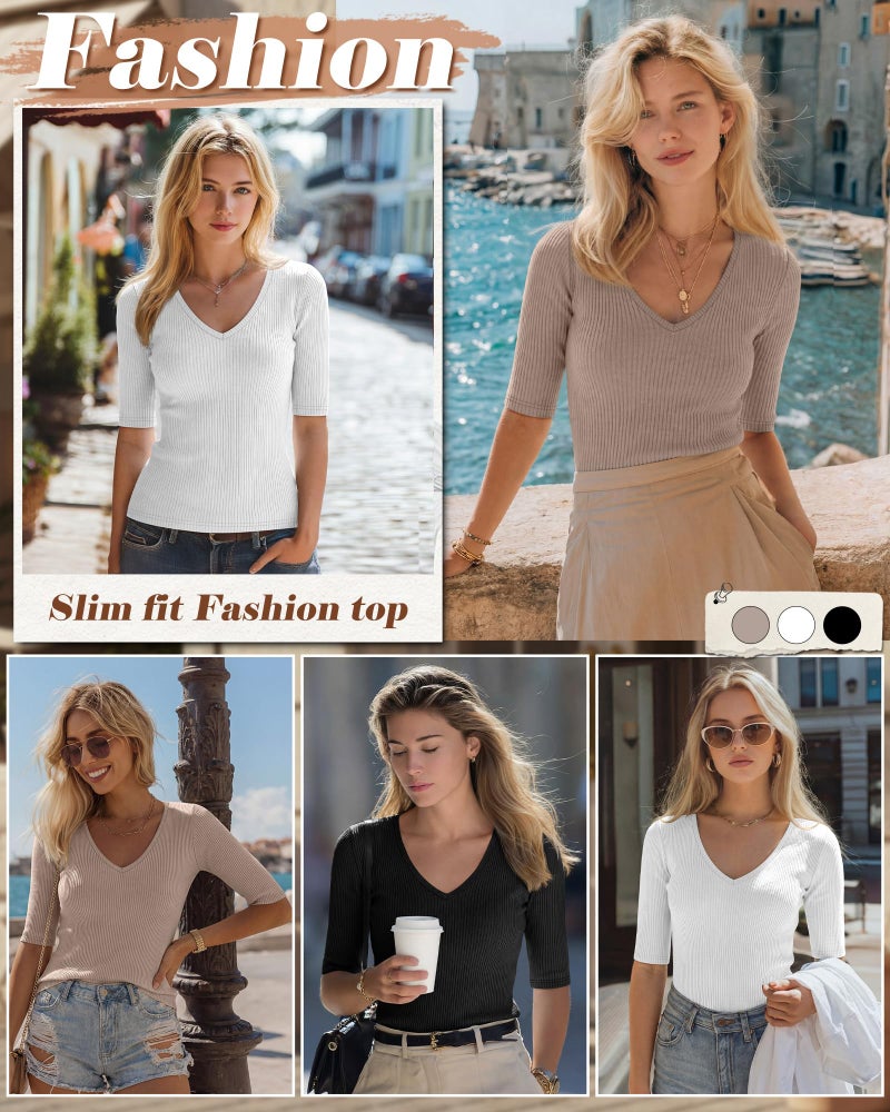 Riyiper 3 Pack Women's Half Sleeve Top Elbow Length Ribbed Cotton T Shirt Women V Neck Summer Tee Slim Fit Casual Blouses(Black, White, Khaki,M) - Image 3
