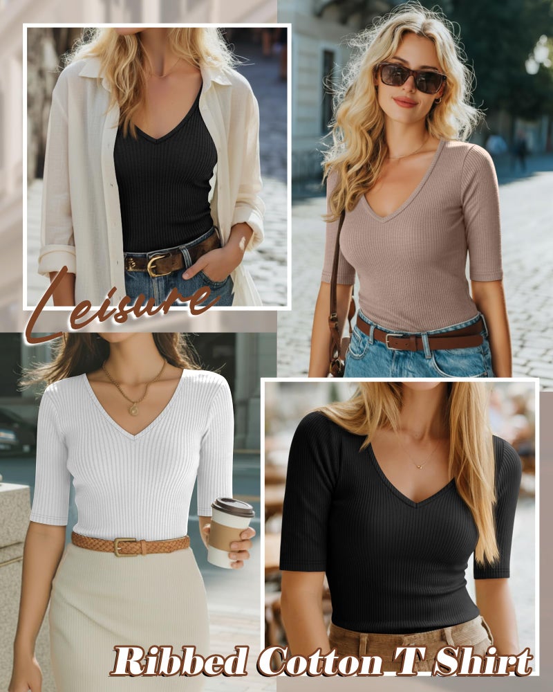 Riyiper 3 Pack Women's Half Sleeve Top Elbow Length Ribbed Cotton T Shirt Women V Neck Summer Tee Slim Fit Casual Blouses(Black, White, Khaki,M) - Image 2