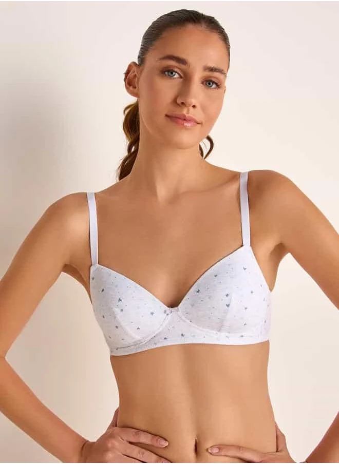 فاف Printed Lightly Padded Non-Wired Support Bra with Hook and Eye Closure