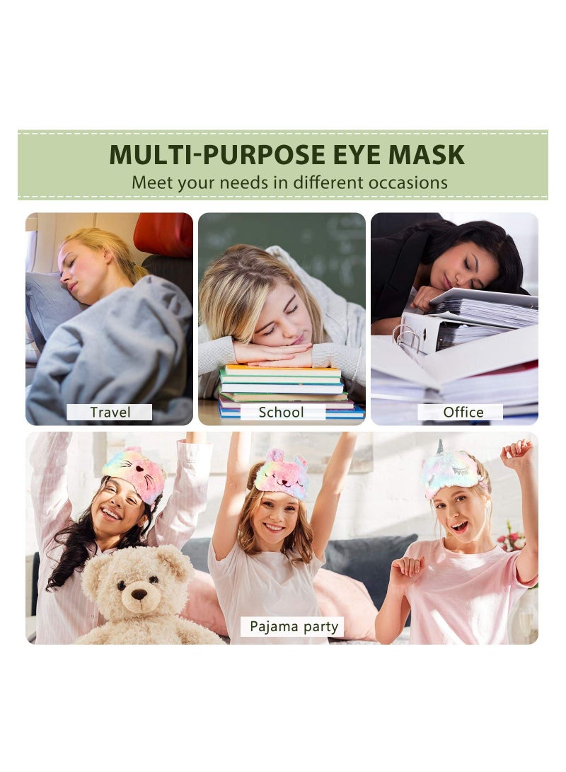KASTWAVE Plush Sleeping Eye Cover 3 Pieces Soft Funny Eye Blindfold Cat Sleep Eye Cover Animal Sleeping Eye Shade for Kids Girls and Adult Travel (Bunny, Cat and Unicorn Style, Rainbow Color) - Image 3