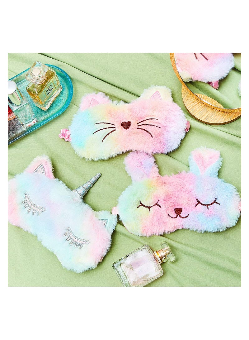 KASTWAVE Plush Sleeping Eye Cover 3 Pieces Soft Funny Eye Blindfold Cat Sleep Eye Cover Animal Sleeping Eye Shade for Kids Girls and Adult Travel (Bunny, Cat and Unicorn Style, Rainbow Color) - Image 2