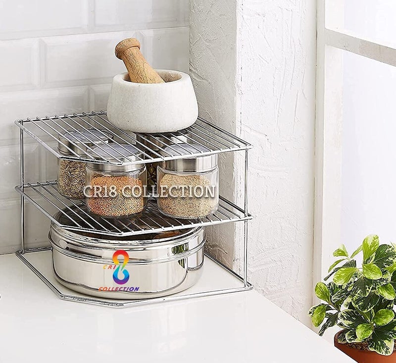 CR18 COLLECTION Combo Pack of 2pcs Multipurpose Stainless Steel 3-Tier Storage Rack for Corners, Multipurpose Stainless Steel Kitchen Plate Dish Corner Shelf Rack Stand Holder (Combo Corner Stand) - Image 4