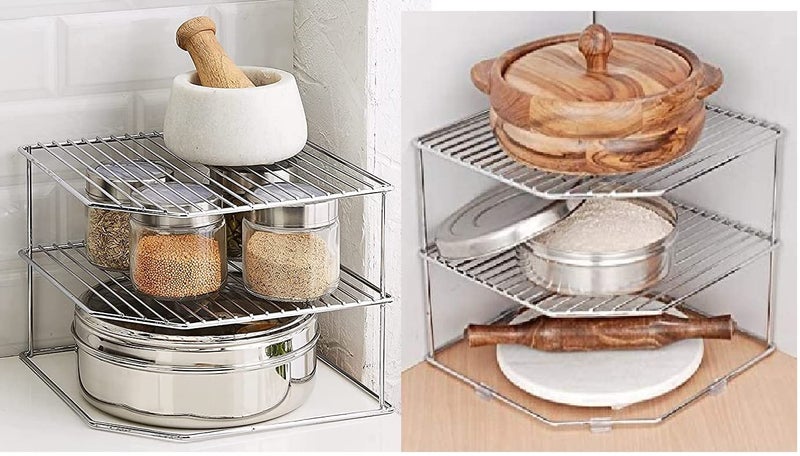 CR18 COLLECTION Combo Pack of 2pcs Multipurpose Stainless Steel 3-Tier Storage Rack for Corners, Multipurpose Stainless Steel Kitchen Plate Dish Corner Shelf Rack Stand Holder (Combo Corner Stand) - Image 1