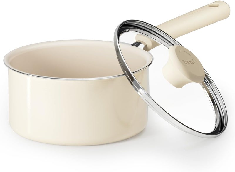 Redchef Ceramic Nonstick Saucepan with Lid, 1.5QT Small Cooking Pot, Non Toxic Sauce Pans for Kitchen, Cool Handle PFAS Free Compatible with All Cooktops, White - Image 1