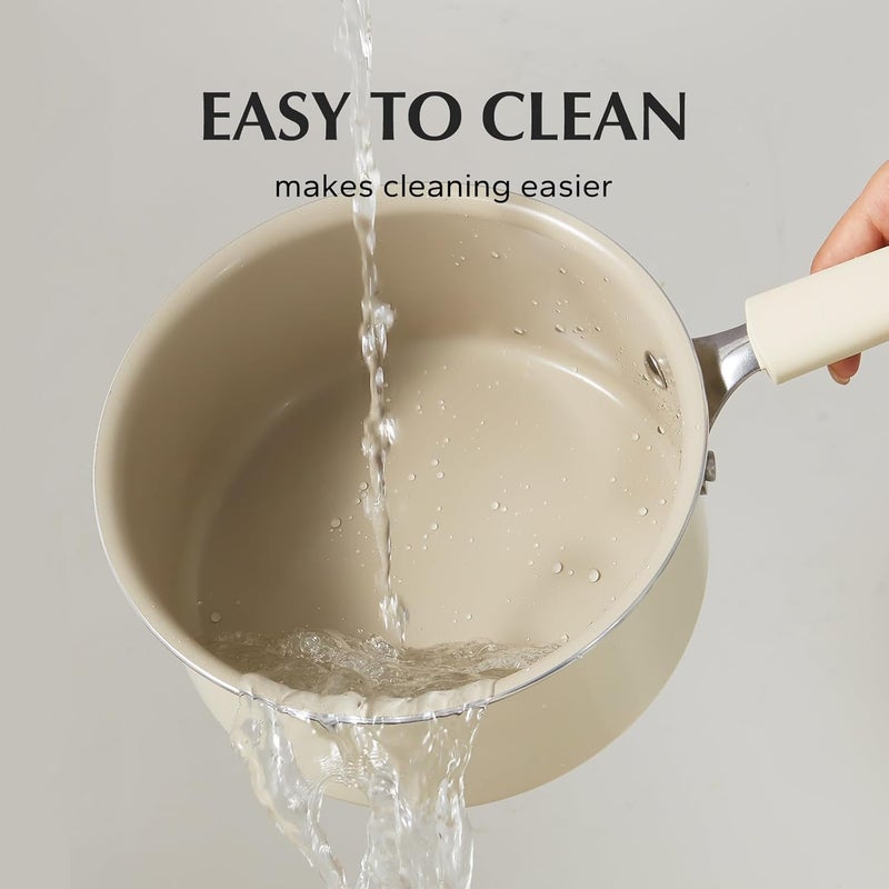 Redchef Ceramic Nonstick Saucepan with Lid, 1.5QT Small Cooking Pot, Non Toxic Sauce Pans for Kitchen, Cool Handle PFAS Free Compatible with All Cooktops, White - Image 3