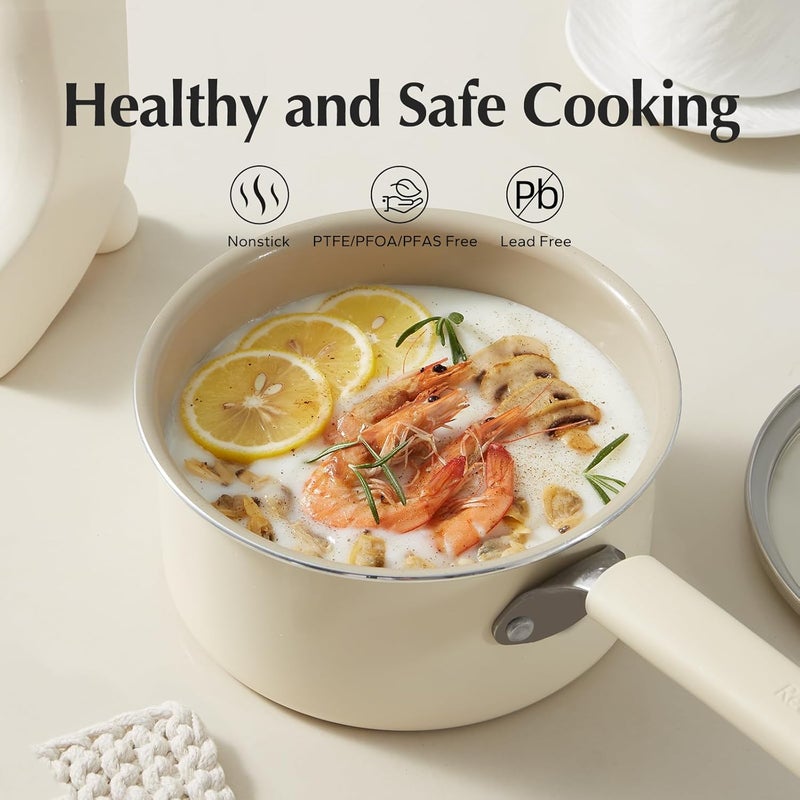 Redchef Ceramic Nonstick Saucepan with Lid, 1.5QT Small Cooking Pot, Non Toxic Sauce Pans for Kitchen, Cool Handle PFAS Free Compatible with All Cooktops, White - Image 4