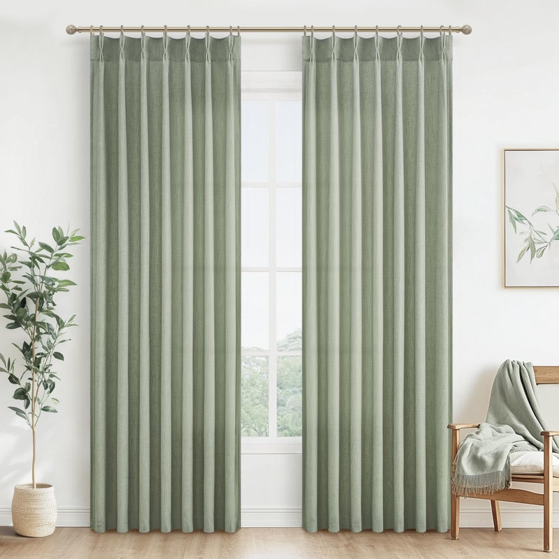 PleatedDrapes Sage Green Pinch Pleated Sheer Curtains 84 Inches Long for Living Room 2 Panels Set, Rustic Country Thick Linen Blend Light Filtering Window Drapes 40"W x 84"L with Back Tab Bedroom Viral Curtain 7 FT - Image 1