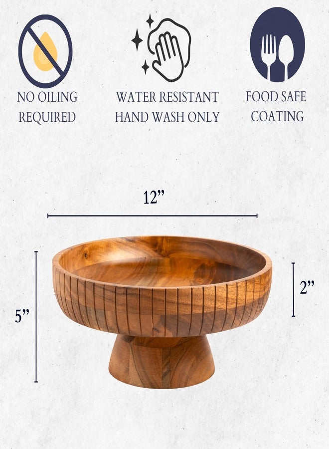 LAVAUK Acacia Wood fruit bowl with pedestal | 12" dia | Decorative bowl used as Centerpiece for kitchen counter or dining table | Wooden table decor| (Natural Finish) - Image 4