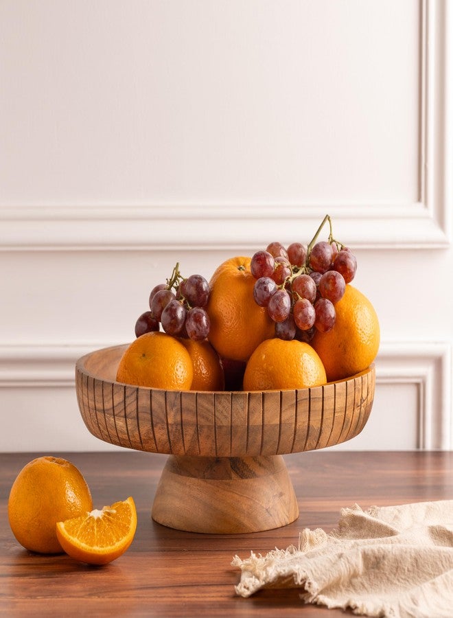 LAVAUK Acacia Wood fruit bowl with pedestal | 12" dia | Decorative bowl used as Centerpiece for kitchen counter or dining table | Wooden table decor| (Natural Finish) - Image 3