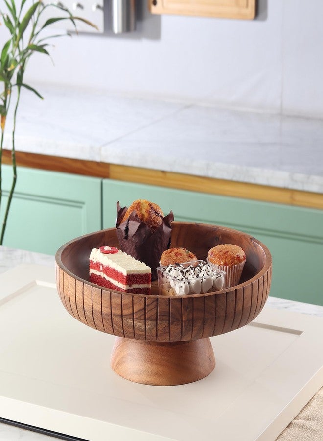 LAVAUK Acacia Wood fruit bowl with pedestal | 12" dia | Decorative bowl used as Centerpiece for kitchen counter or dining table | Wooden table decor| (Natural Finish) - Image 5
