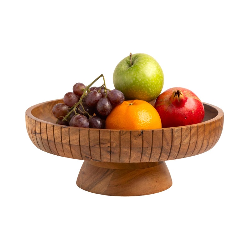 LAVAUK Acacia Wood fruit bowl with pedestal | 12" dia | Decorative bowl used as Centerpiece for kitchen counter or dining table | Wooden table decor| (Natural Finish) - Image 1