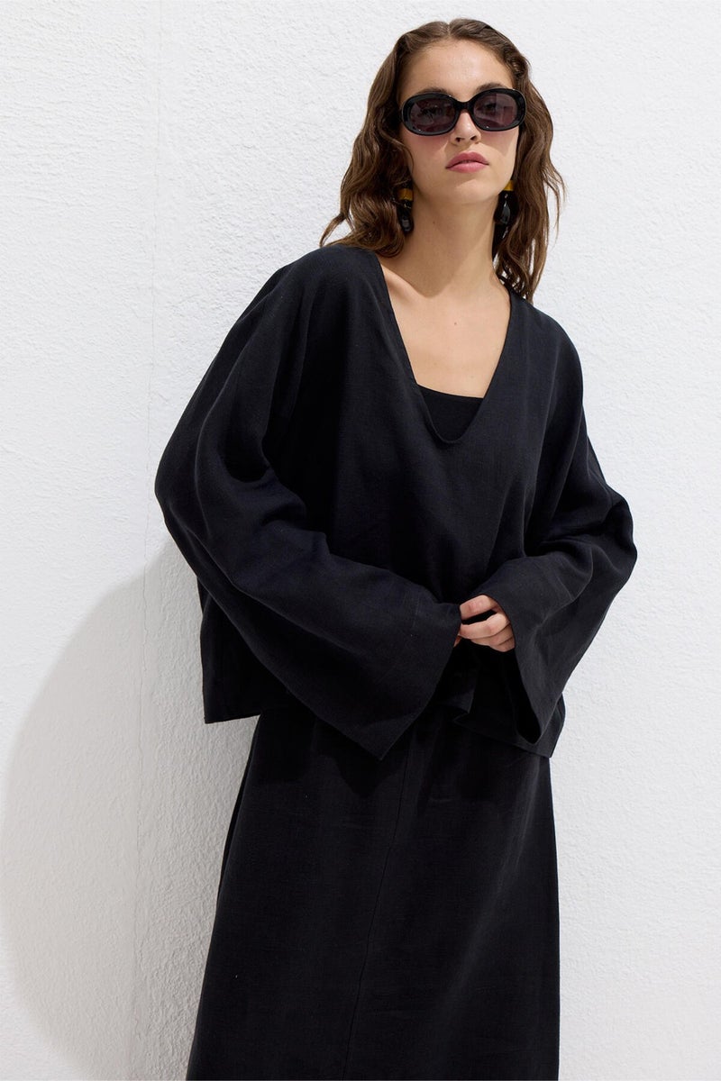 Manuka Premium V Neck Linen Blouse Black  - Image 1