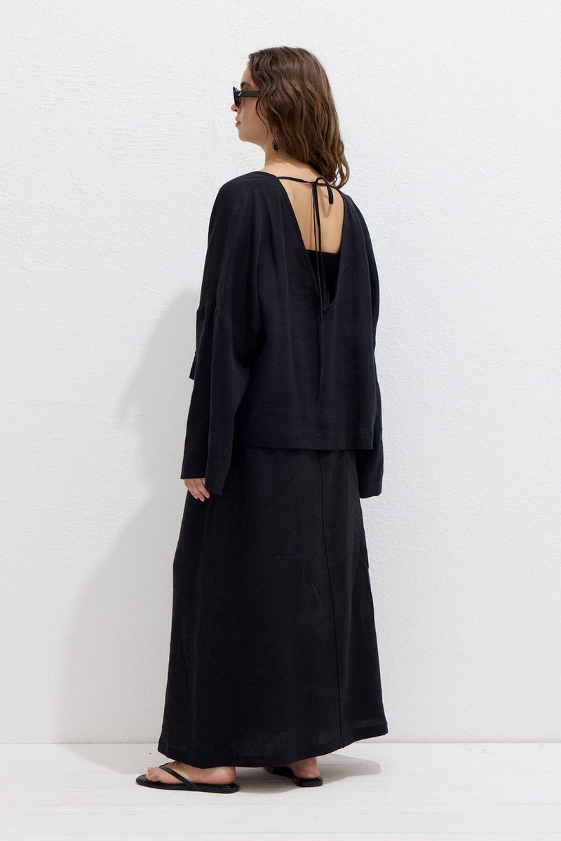 Manuka Premium V Neck Linen Blouse Black  - Image 5