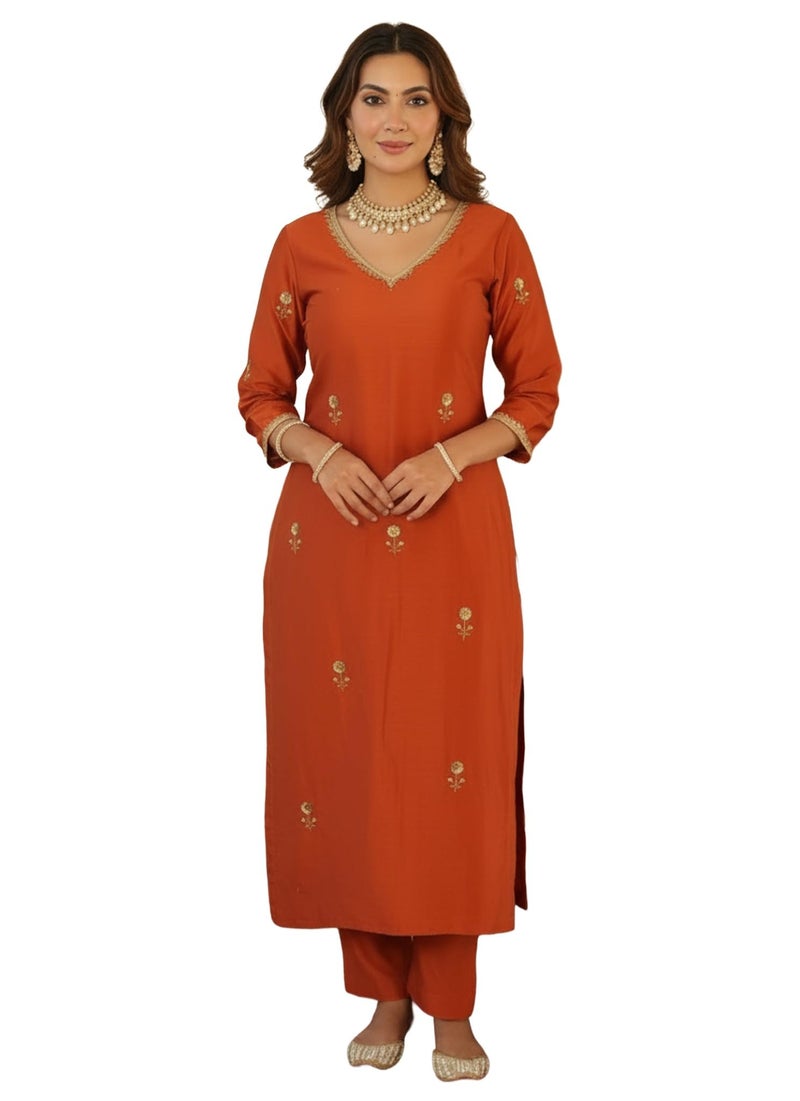 ANNI Designer Women's Rayon Viscose Straight Embroidery Kurta with Pant (JASVINI Orange_XXL_Orange_XX-Large) - Image 1