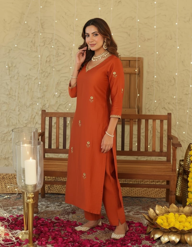 ANNI Designer Women's Rayon Viscose Straight Embroidery Kurta with Pant (JASVINI Orange_XXL_Orange_XX-Large) - Image 3